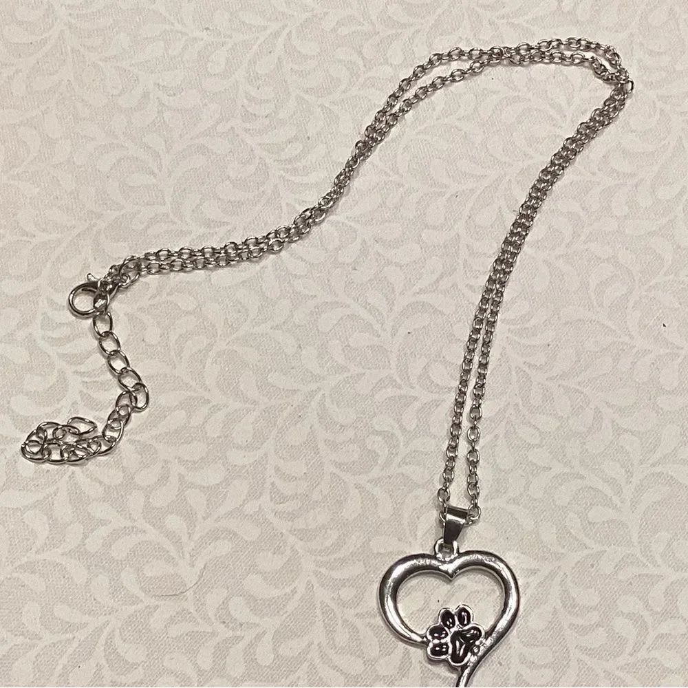 Silvertone Heart Paw Pendant Adjustable Necklace
